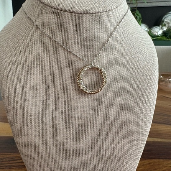 Avon Jewelry - Vintage Avon Silver and Gold Double Ring Crystal Pendant Necklace